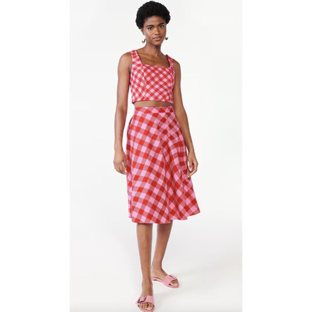Scoop Poplin Crop Top Wavy Pink Check Pattern, Size Medium (Altered)